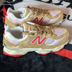New Balance Tan, Pink & Red Suede Mesh Sneakers